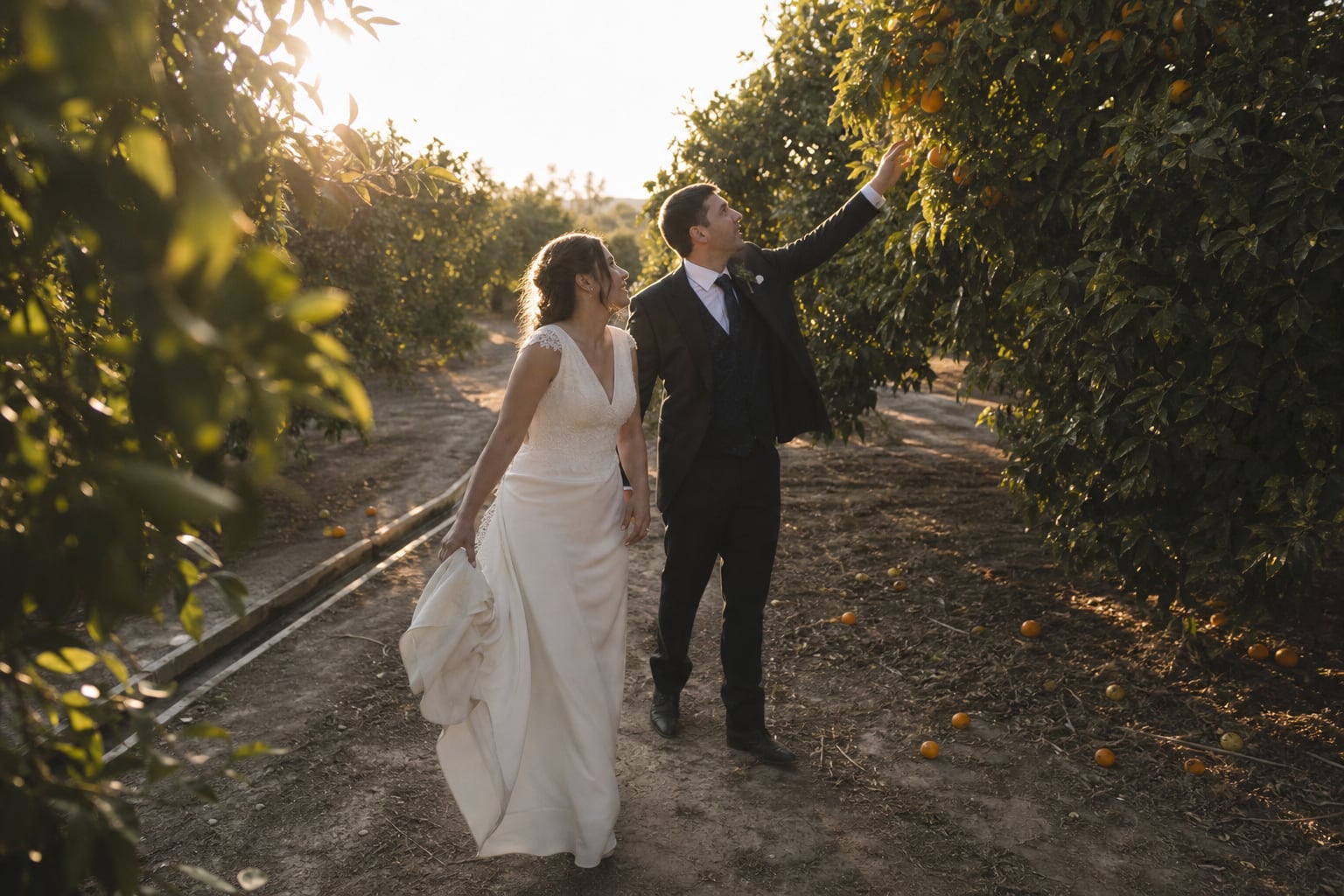 Bride and groom walking through an orange grove near Valencia